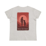 Women's Tee — Woman Walking Dog Silhouette Sunset Graphic