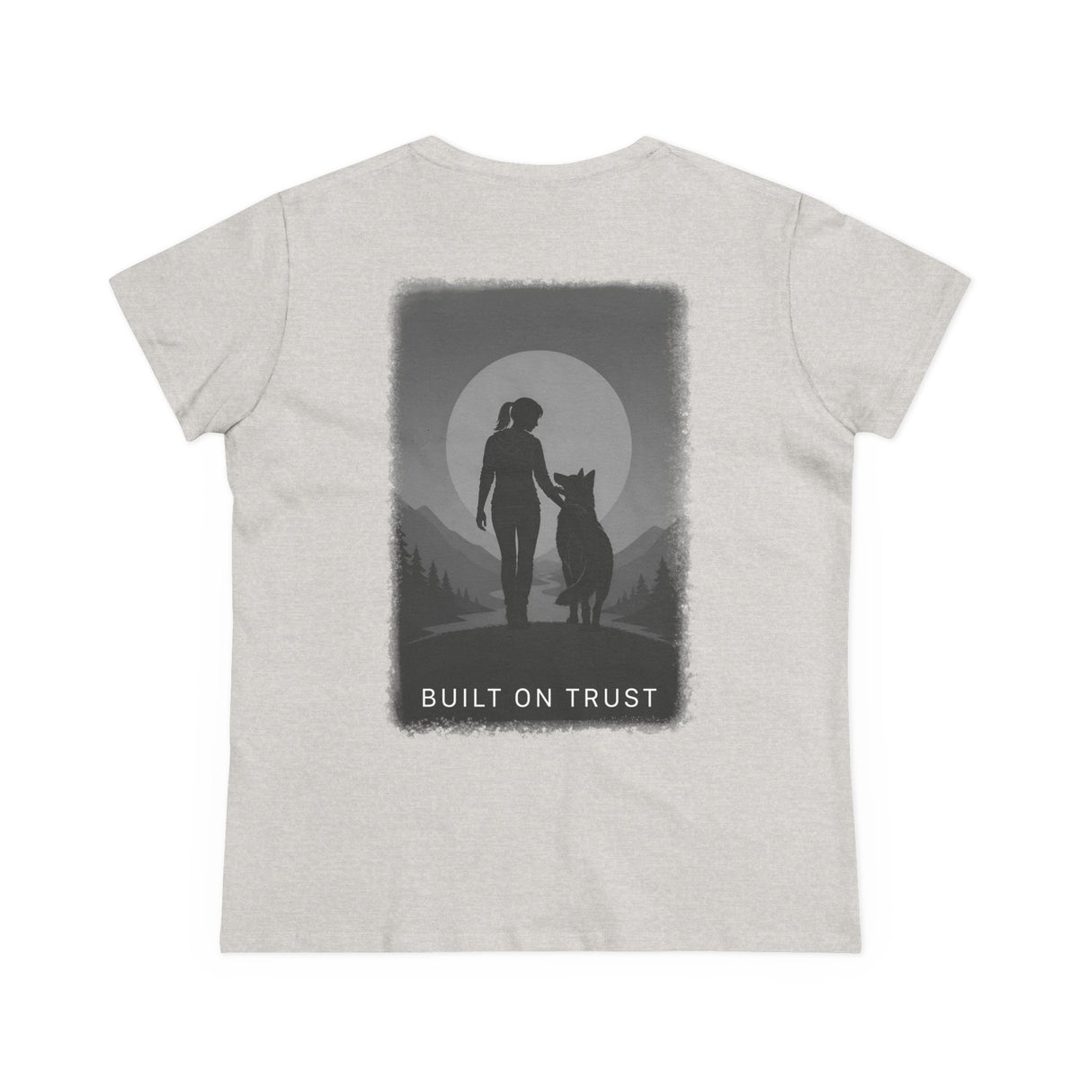 Copy of Women's Tee — Woman Walking Dog Silhouette Sunset Graphic
