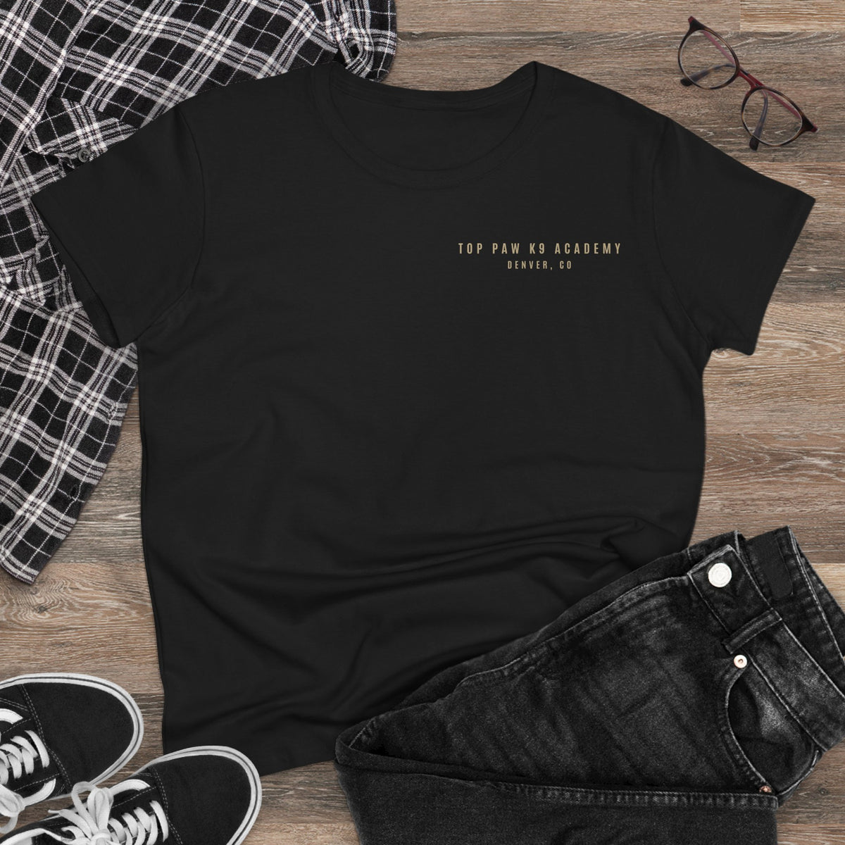 Women's Tee — Woman Walking Dog Silhouette Sunset Graphic