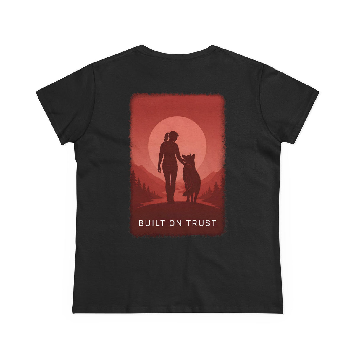 Women's Tee — Woman Walking Dog Silhouette Sunset Graphic