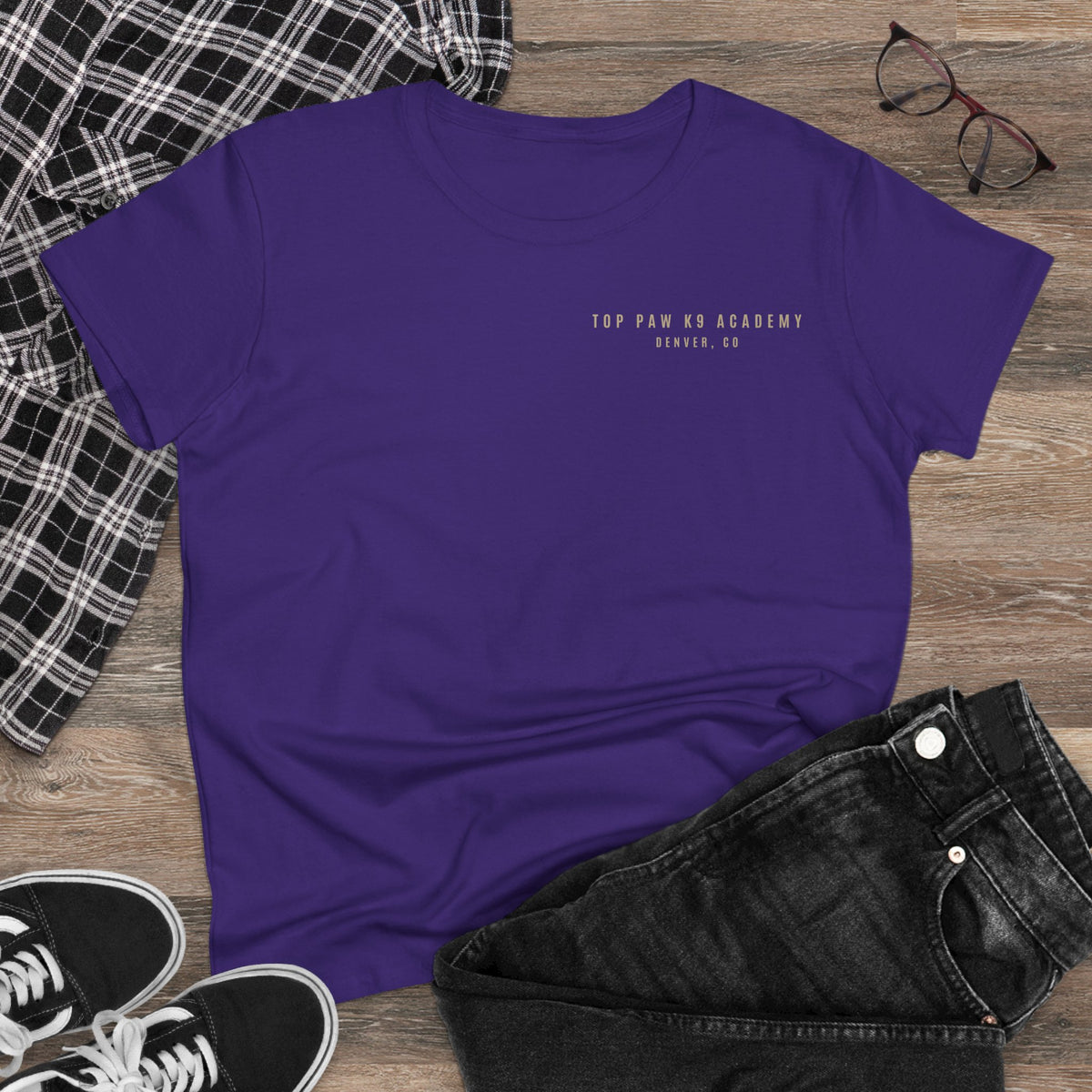 Women's Tee — Woman Walking Dog Silhouette Sunset Graphic