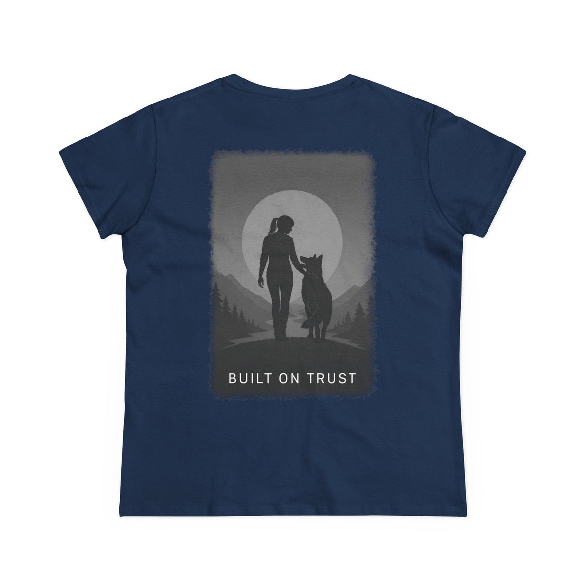 Copy of Women's Tee — Woman Walking Dog Silhouette Sunset Graphic