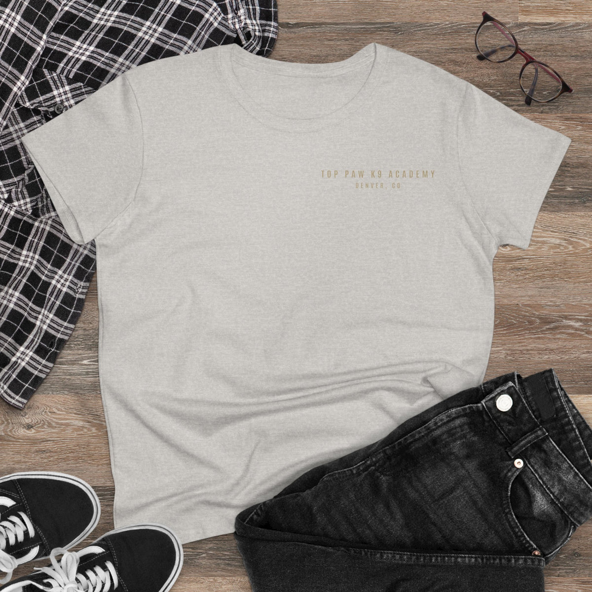 Women's Tee — Woman Walking Dog Silhouette Sunset Graphic
