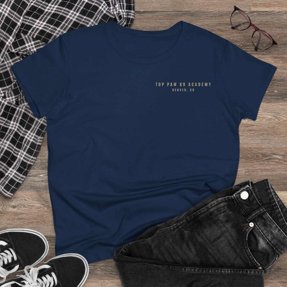 Women's Tee — Woman Walking Dog Silhouette Sunset Graphic