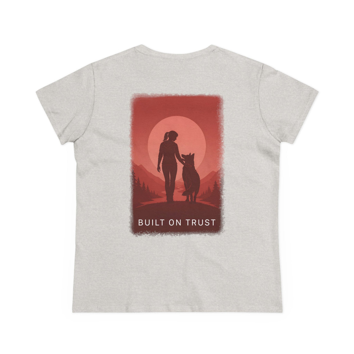 Women's Tee — Woman Walking Dog Silhouette Sunset Graphic