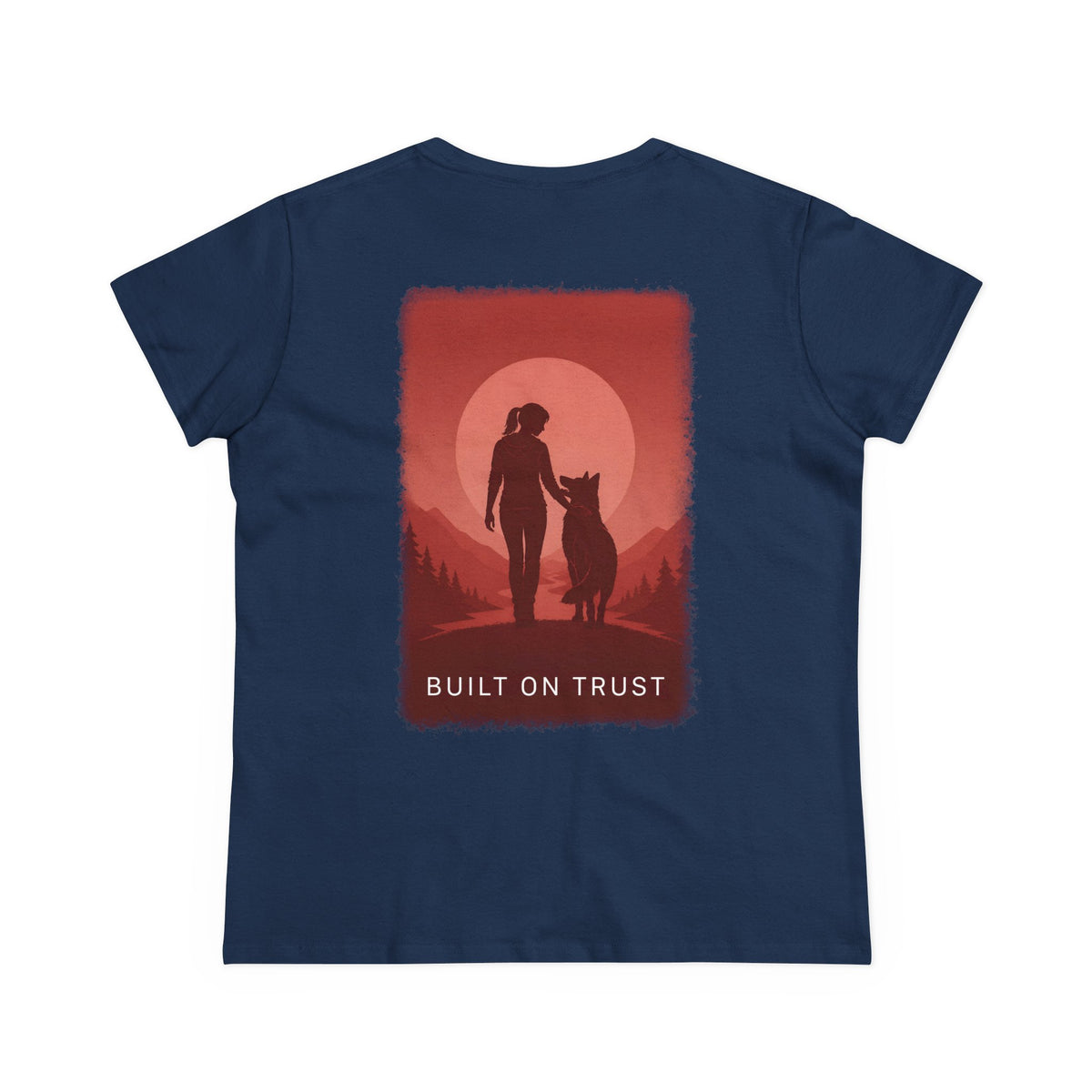 Women's Tee — Woman Walking Dog Silhouette Sunset Graphic