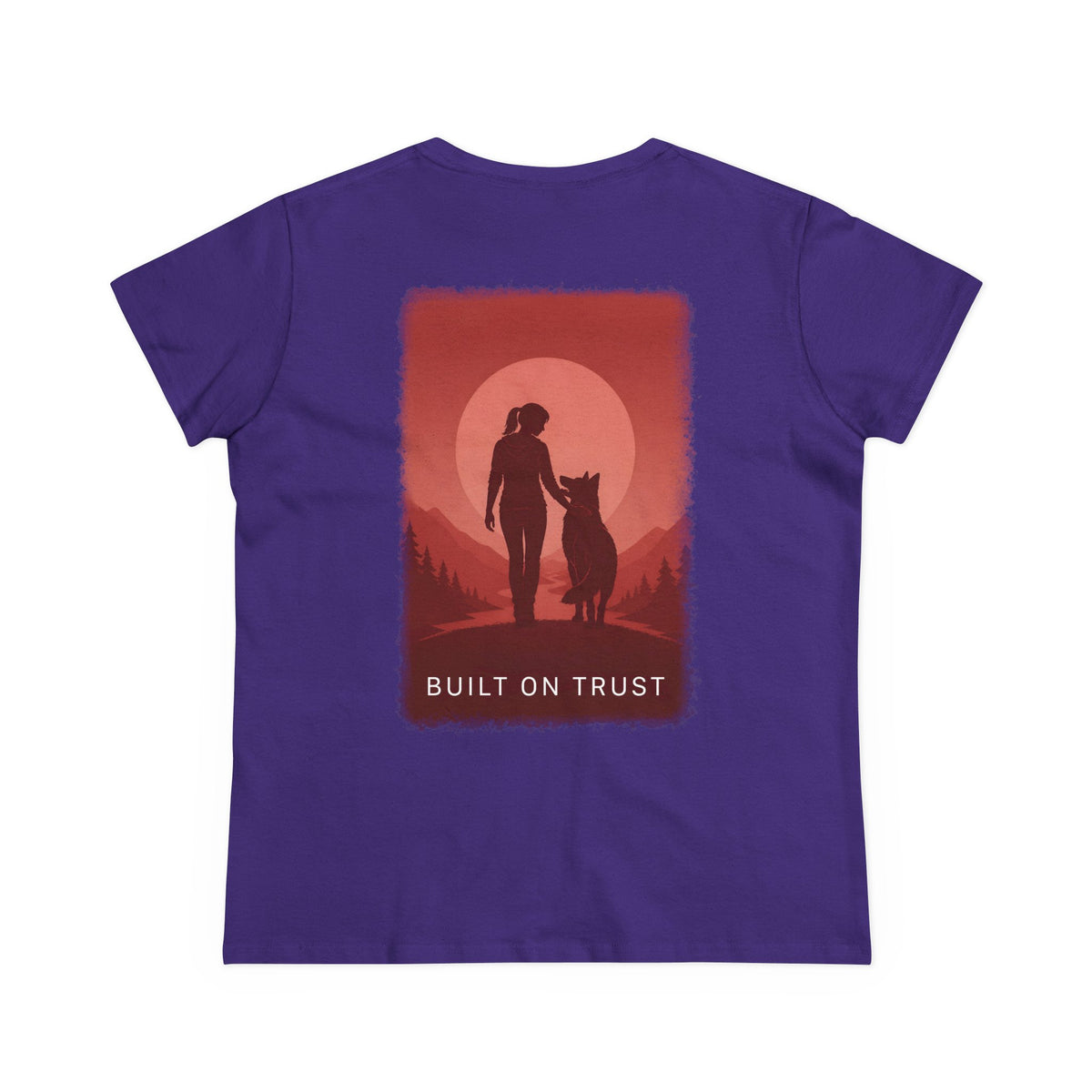 Women's Tee — Woman Walking Dog Silhouette Sunset Graphic