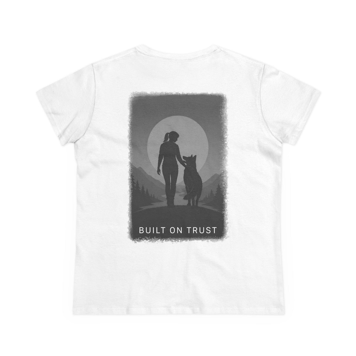 Copy of Women's Tee — Woman Walking Dog Silhouette Sunset Graphic