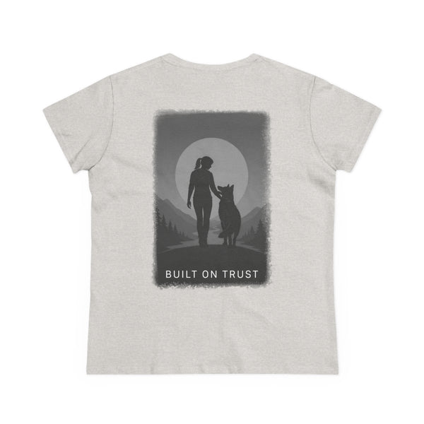 Women's Tee — Woman Walking Dog Silhouette Sunset Graphic T-Shirt