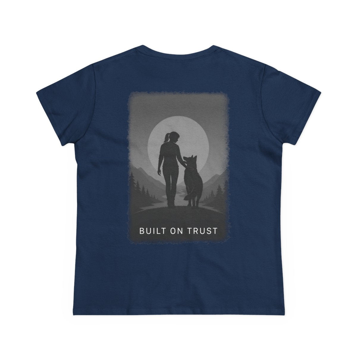 Women's Tee — Woman Walking Dog Silhouette Sunset Graphic