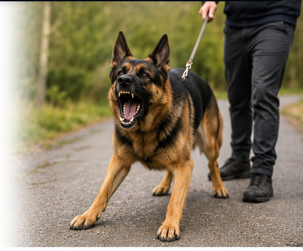 Reactive German shepherd working on leash with a handler