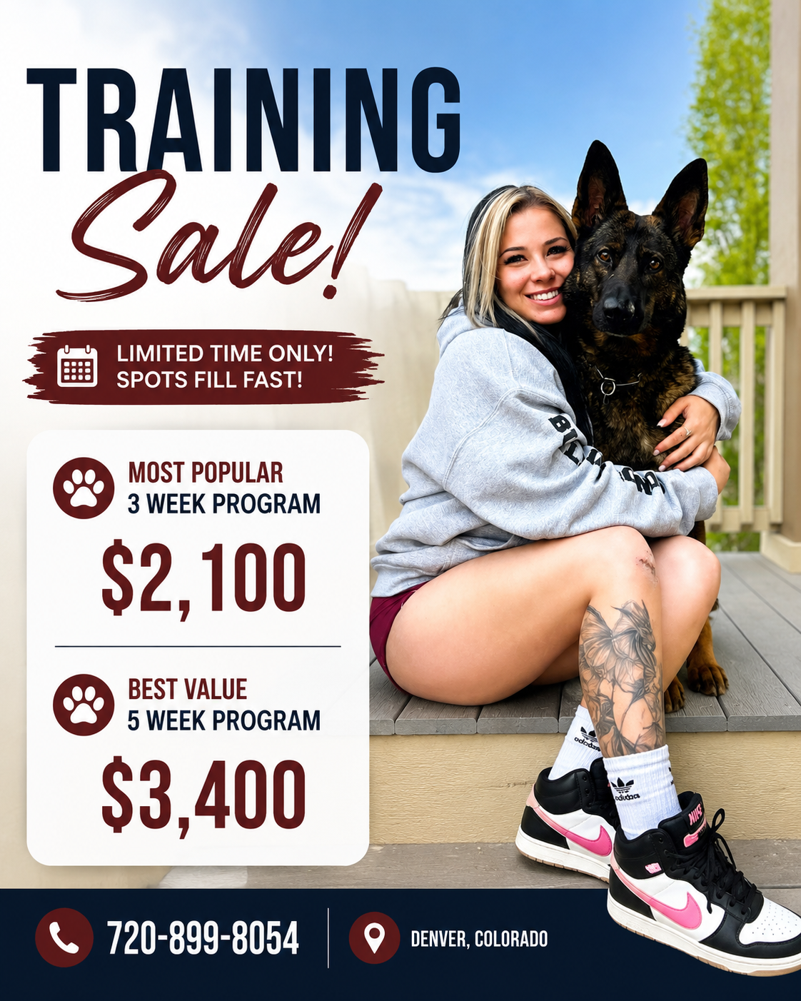 Training Sale promotion with 3 week program for $2,100 and 5 week program for $3,400